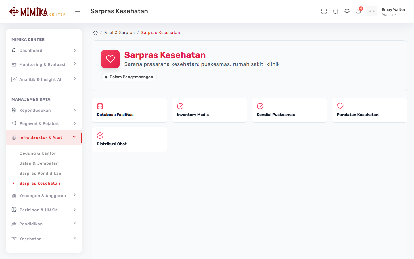 Screenshot fungsi Sarpras Kesehatan