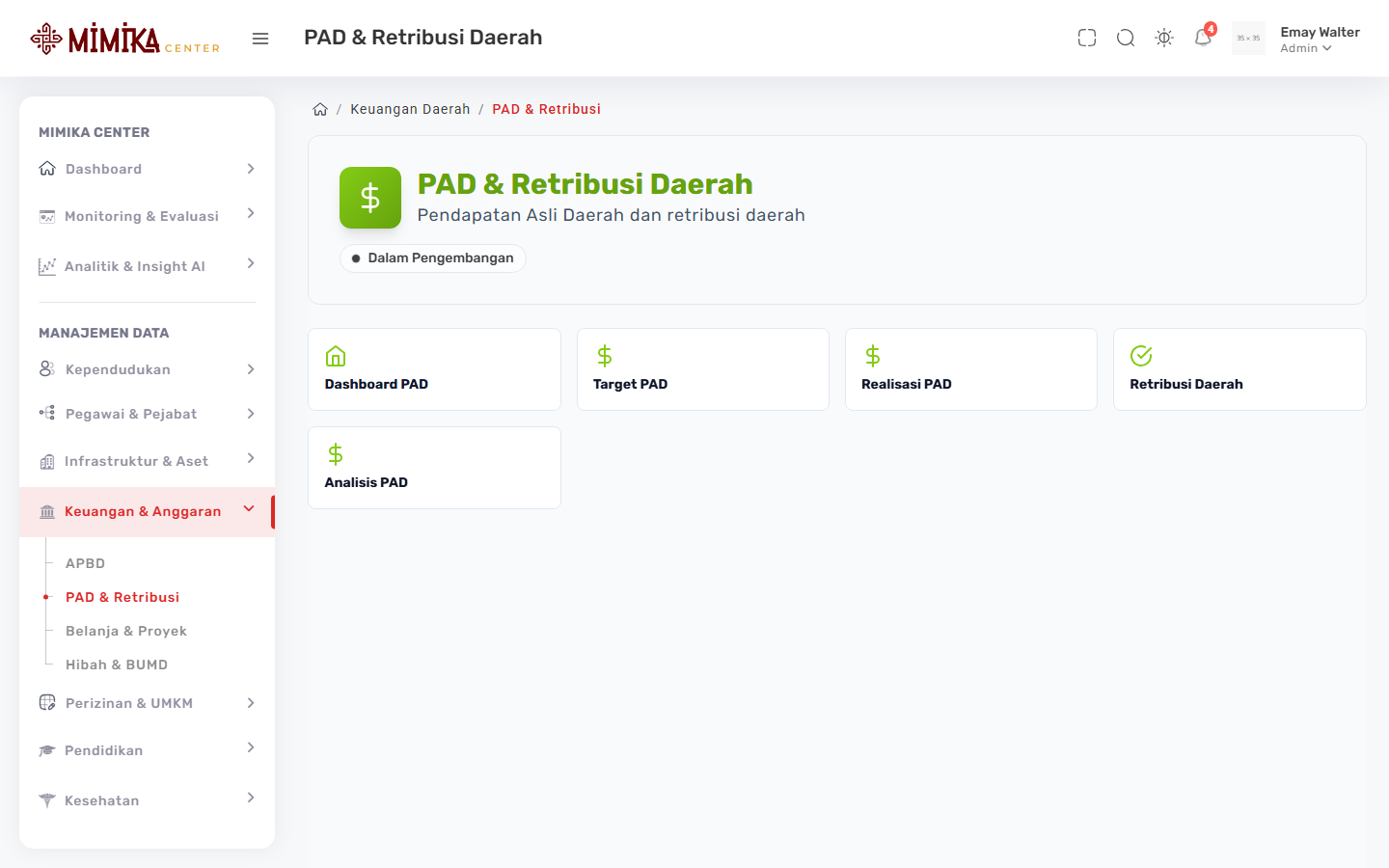 Screenshot fungsi PAD & Retribusi