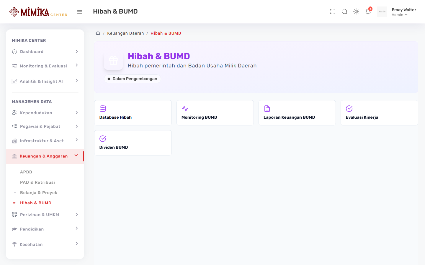 Screenshot fungsi Hibah & BUMD