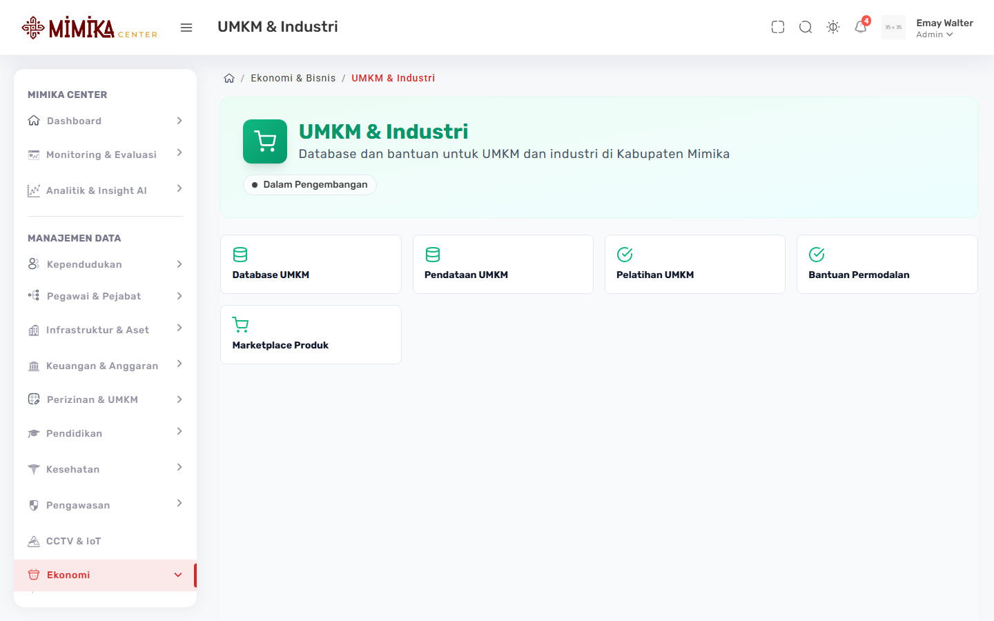 Screenshot fungsi UMKM & Industri