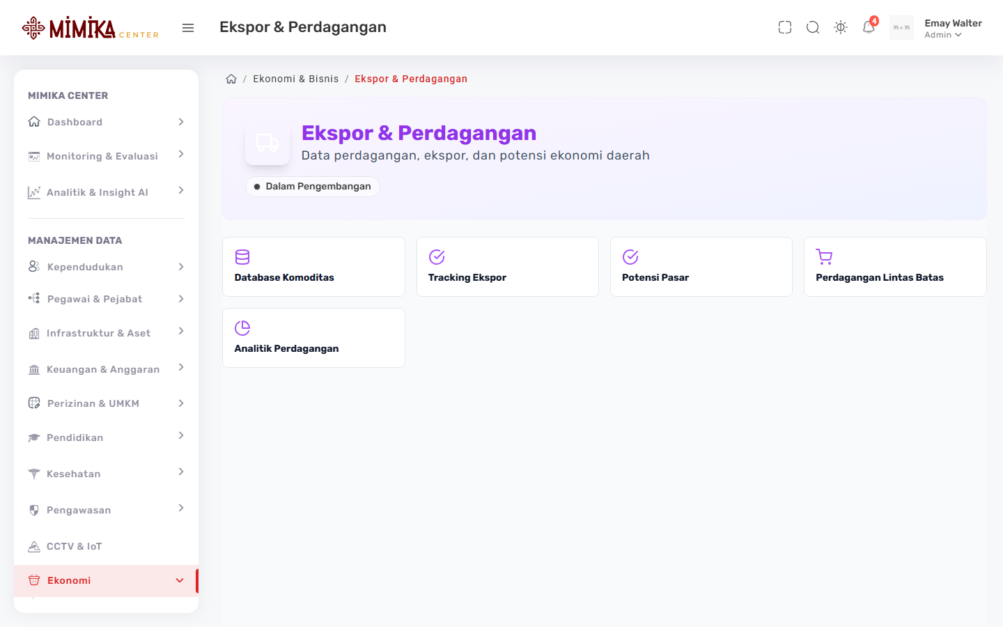 Screenshot fungsi Ekspor & Perdagangan