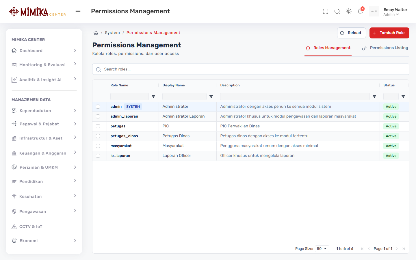 Screenshot fungsi Role & Permissions