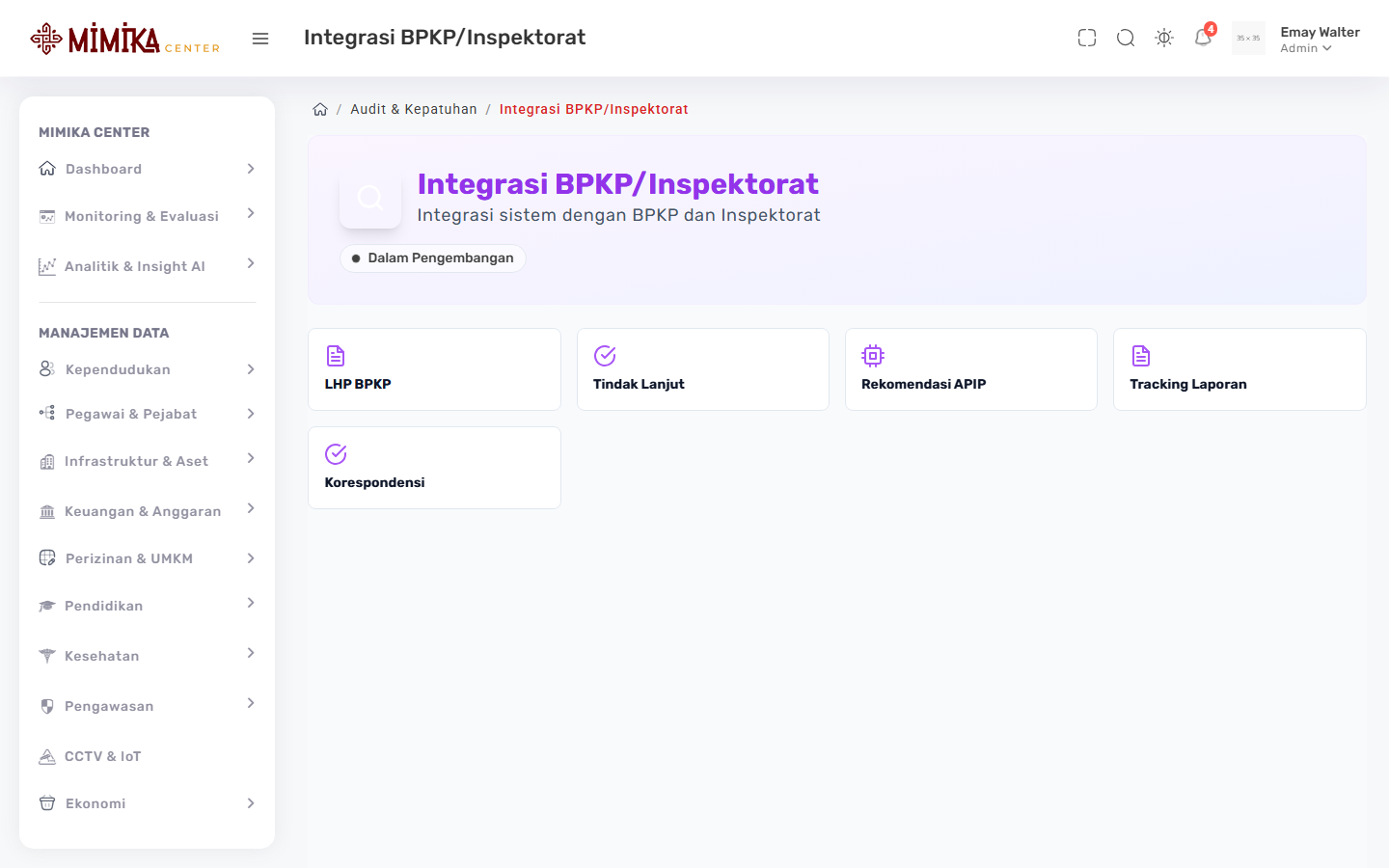 Screenshot fungsi Integrasi BPKP/Inspektorat